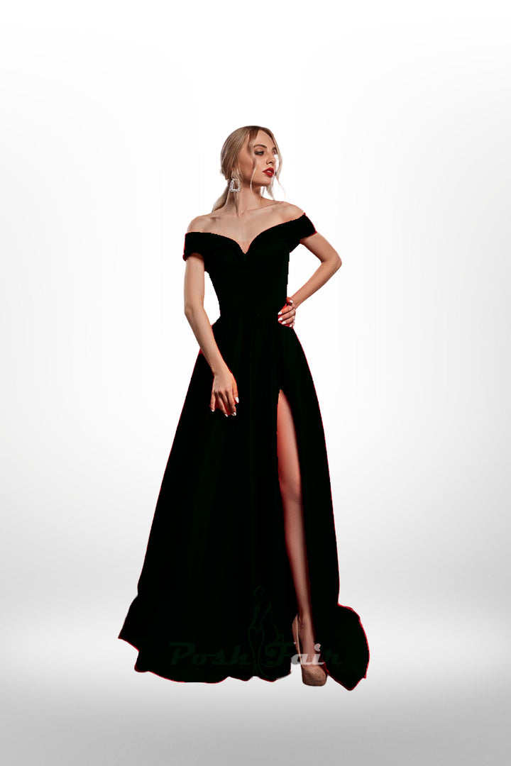 black Aline prom dress made with off the shoulder neckline and built in corset