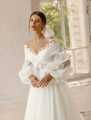Organza Aline off the shoulder wedding dress with long sleeves, lace sleeves, puffy sleeves, bridal gown with sleeves near me, bridal gown with sleeves, lace wedding dress, wedding dresses with lace, aline dress, aline wedding dress, aline wedding dress with long sleeves,