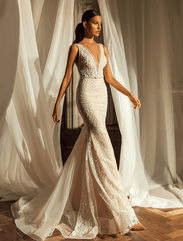 Fit and flare lace wedding dress with plunging neckline, fit and flare dress ottawa, fit and flare, plunging neckline, lace wedding dress, revelle Ottawa, poshfair boutique, poshfair boutique, posh bridal, wedding dress boutique near me,