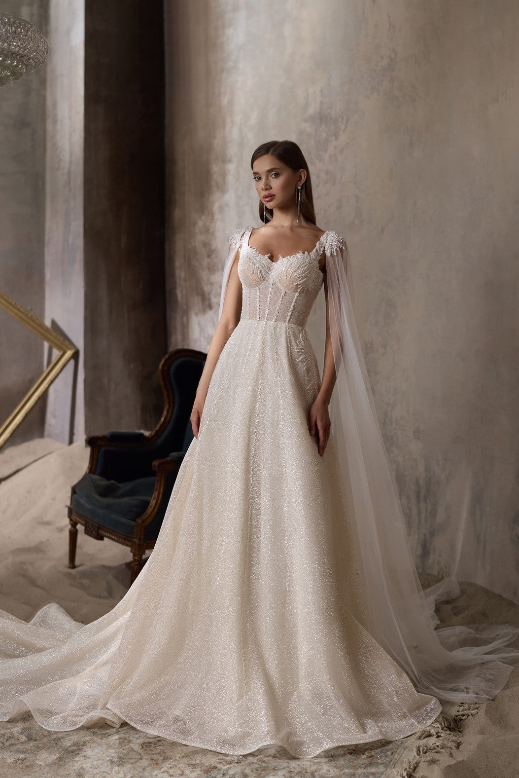 shiny wedding dress, glitter wedding dress, corset wedding dress, removable tulle cape