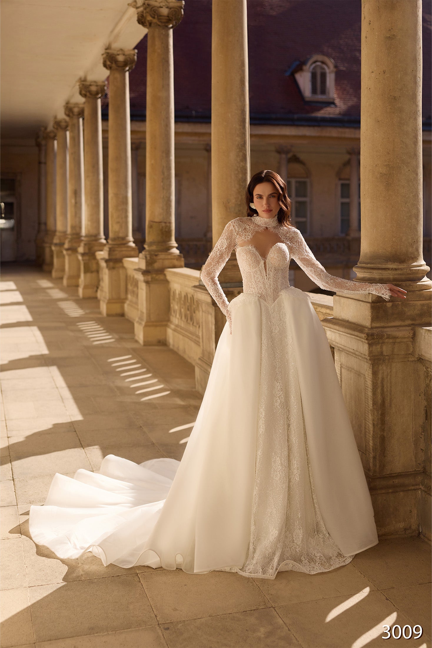 lace ball gown, removable lace cape, removable lace sleeves, cathedral train, chantilly wedding dress