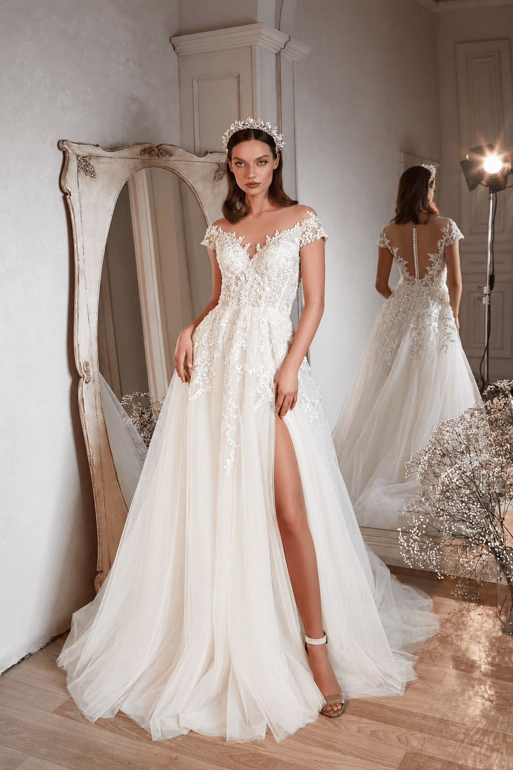 Aurora - Aline Wedding Dress - Size 8 model showcasing off shoulder design in off-white color.
