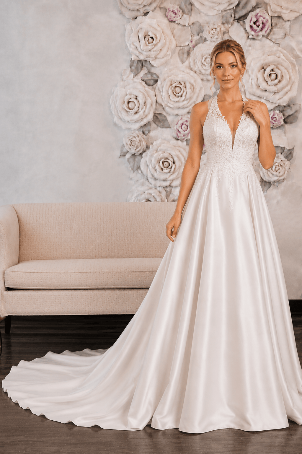 Dahilia - Aline Silk Wedding dress - Size 8 on a model with halter V neckline and low back, off-white color.