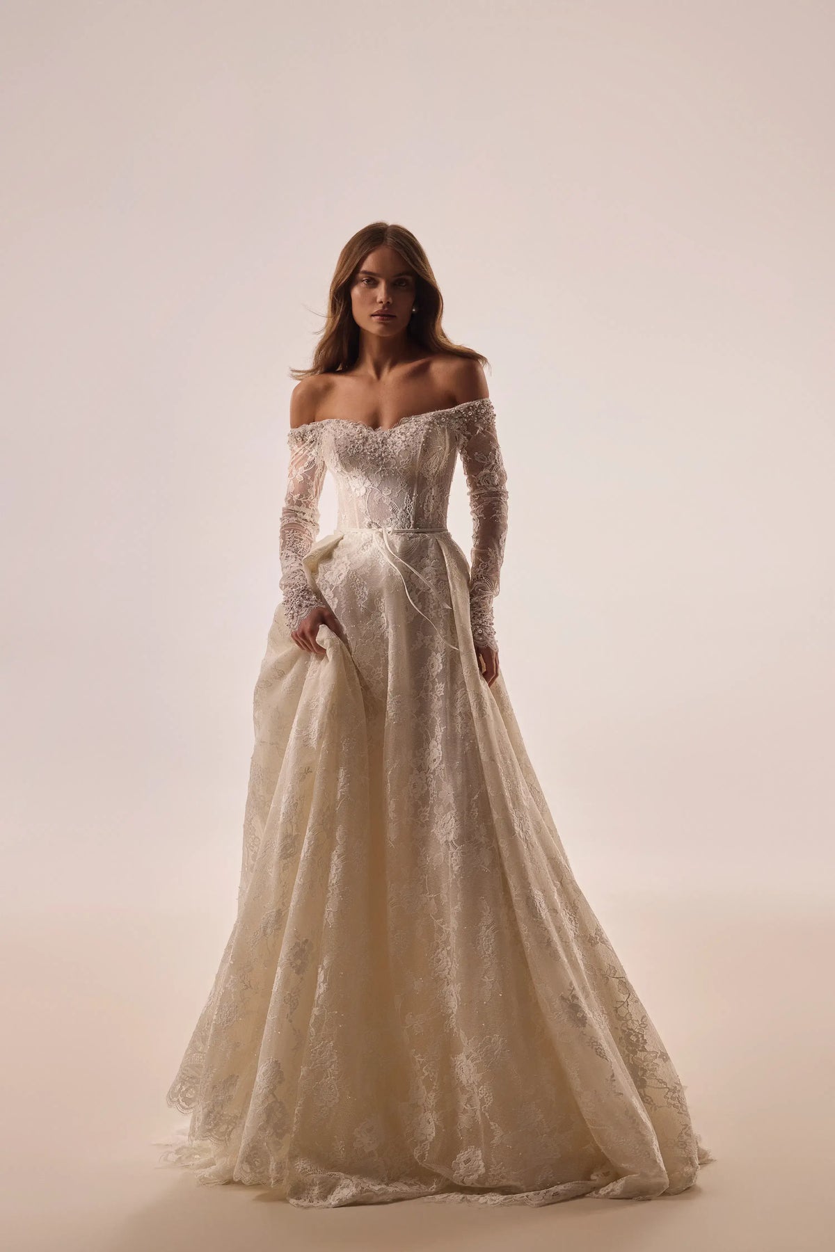 off shoulder wedding dress, champagne wedding dress Ottawa, wedding dress with long sleeves, Poshfair bridal, lace wedding dress