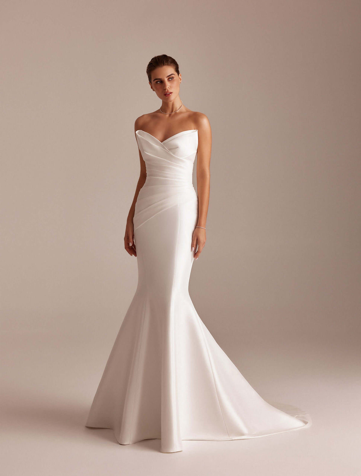 mermaid wedding dress, mikado wedding gown, cathedral train bridal dress, draped sweetheart neckline, fitted bridal silhouette, minimalist wedding gown, structured bridal corset, elegant satin bridal look, modern bridal fashion, timeless luxury wedding dress