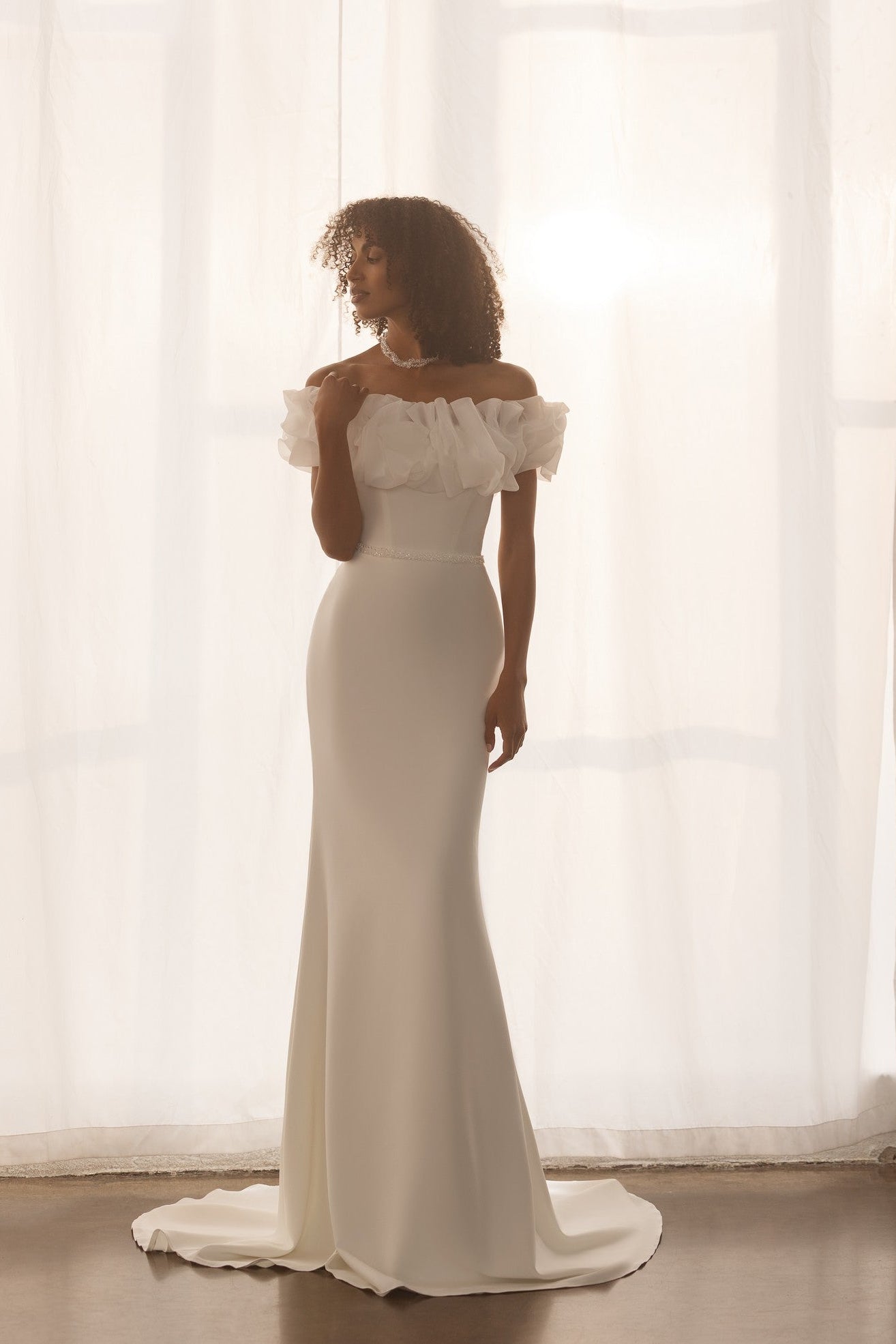 fit and flare stretch wedding dress, off shoulder ruffled straps, plain wedding dress