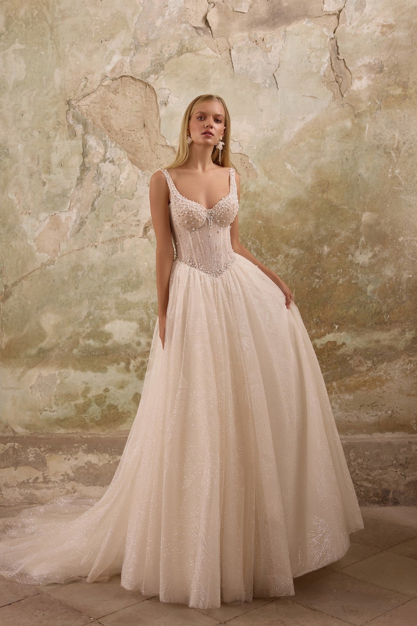 aine wedding dress, basque waist, beaded lace, pearl lace, cathedral train