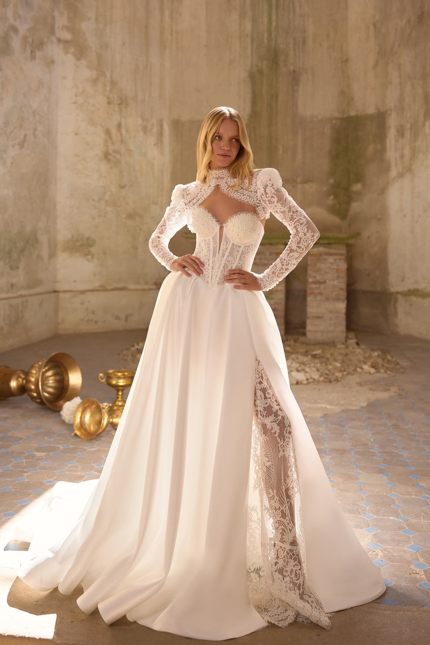 SAtin wedding dress, chantilly wedding dress, removable long sleeves, lace cape for wedding dress, basque waist,