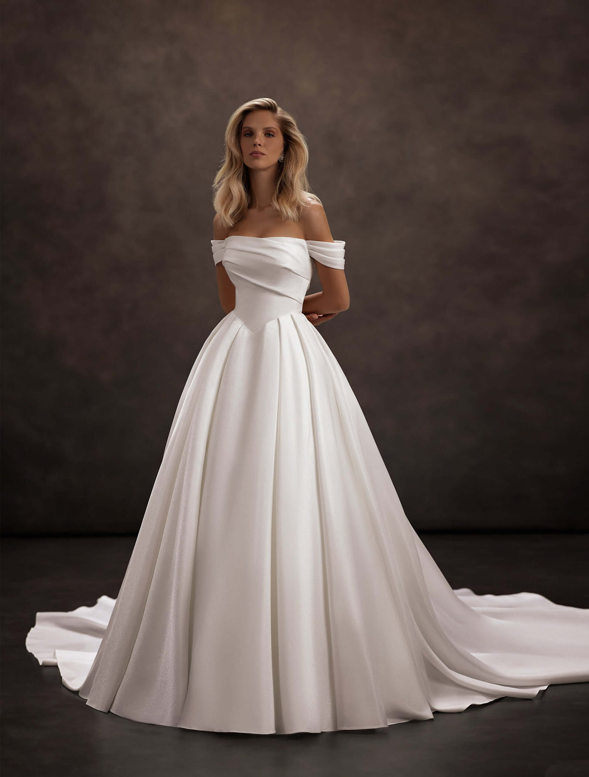 satin wedding dress, satin ball gown, off-the-shoulder bridal gown, basque waist wedding dress, strapless bridal gown, pleated bodice wedding dress, classic princess wedding dress, cathedral train wedding gown, minimalist bridal dress, elegant satin wedding gown