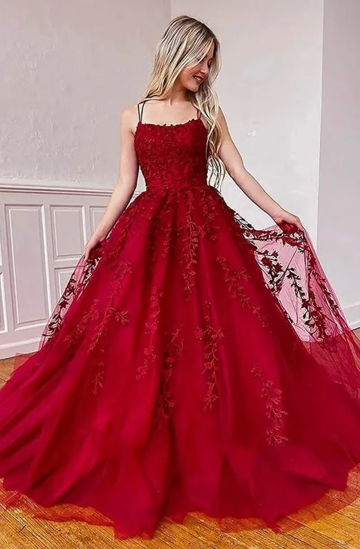 Red prom dress with straight cut and lace