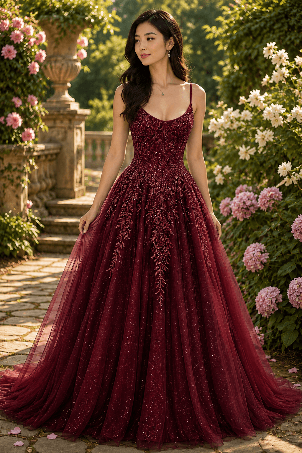 PDL03 - Aline Tulle and Lace Prom dress with Basque Waist and Corset Back in burgundy with floral background.