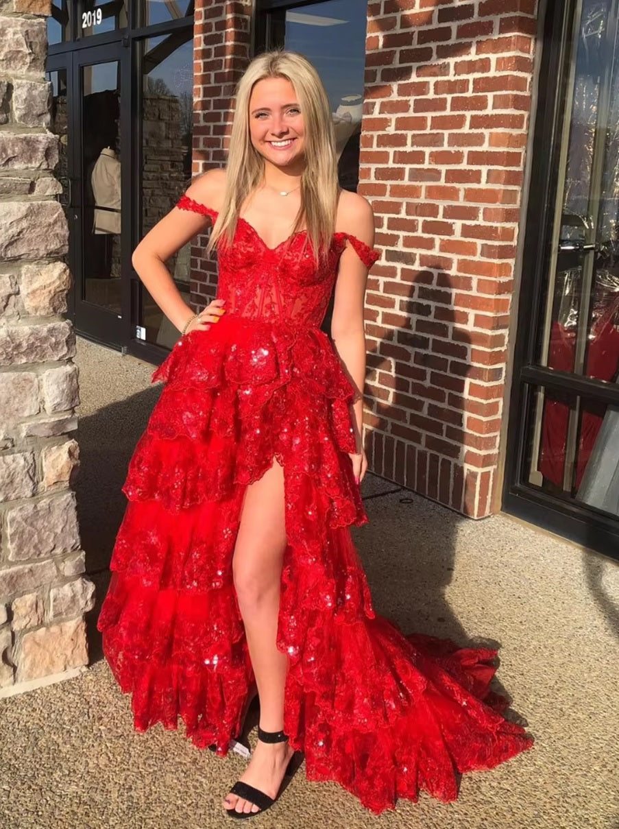 red prom dress, multilayer skirt, long train, dress with long train, lace prom dress
