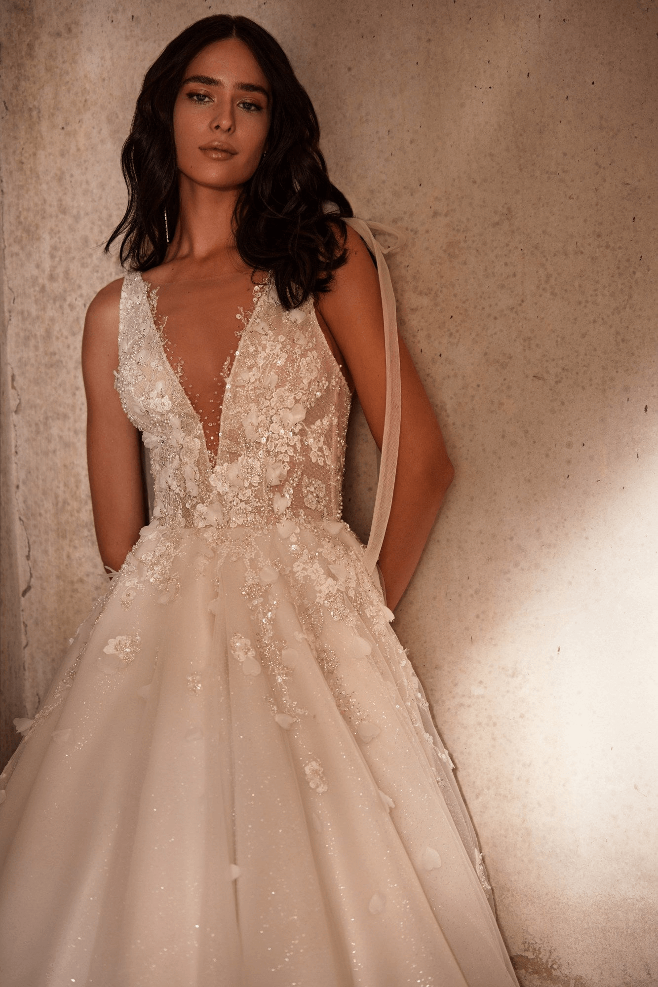 V neckline Aline lace wedding dress, aline wedding dress, low back wedding dress, bridal store ottawa, summer wedding dresses, summer wedding dress, plunging neckline wedding dress, lace bridal gown, orleans bridal boutique, orleans bridal shop, orleans bridal store,
