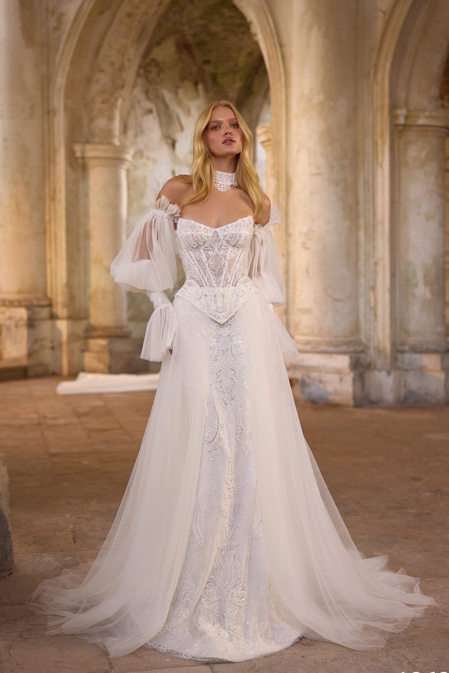 Fitted wedding dress, basque waist, removable train, corset wedding dress, removable sleeves