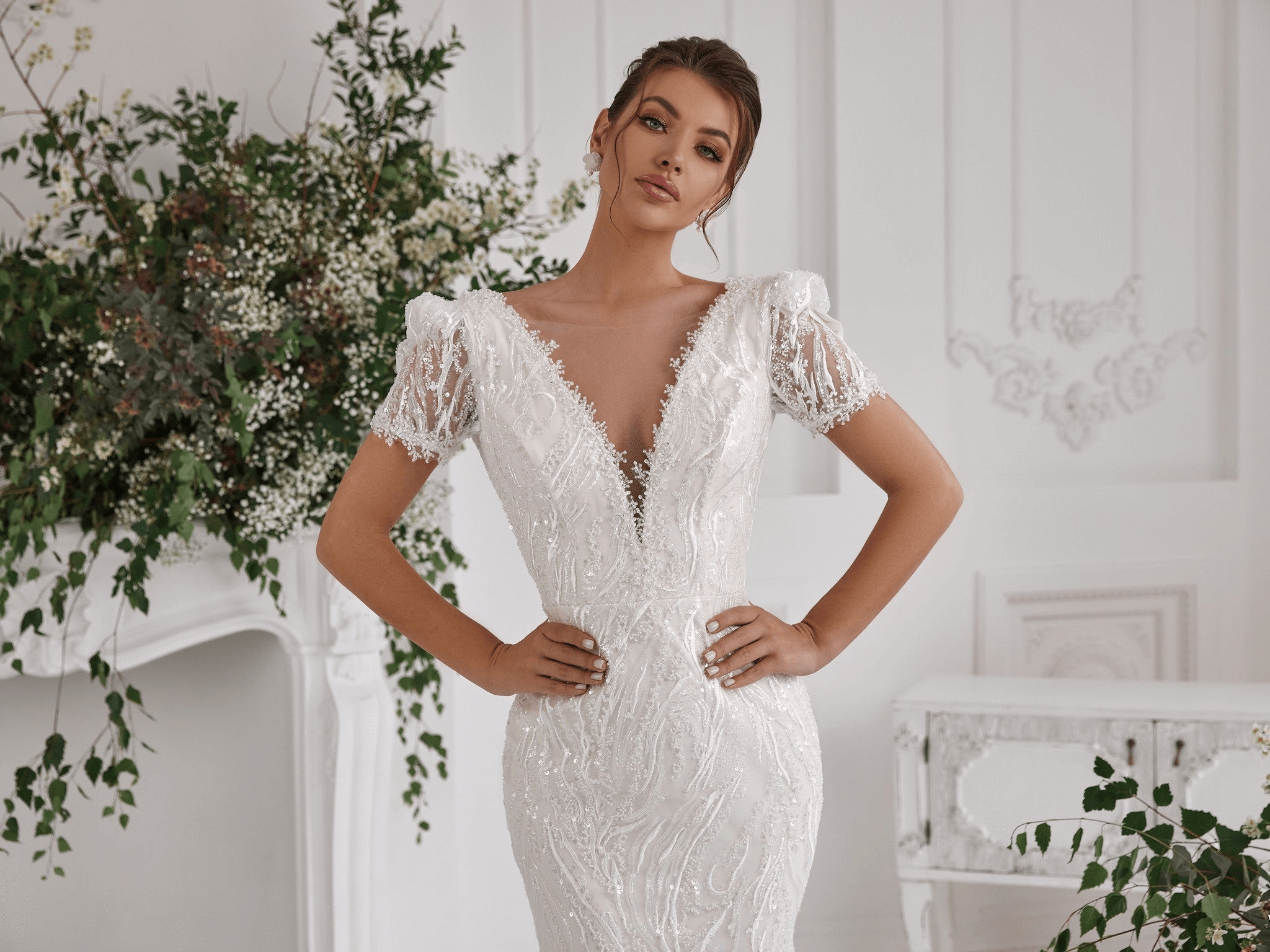 lace wedding dress with short sleeves, bridal boutique ottawa, lace wedding dress, plunging neckline wedding dress, lace sleeves, bridal store orleans, bridal store, bridal stores near me, canada bridal dresses, canada online wedding dress,