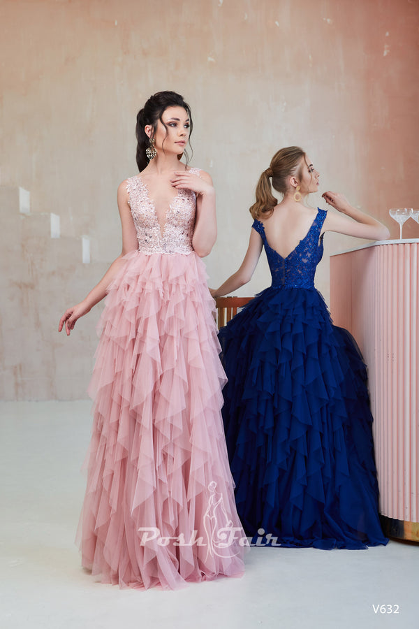 632 - Aline Plunging V Neckline Tulle Lace Prom Evening Dress