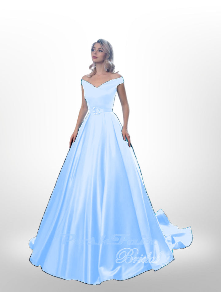 Satin prom dress in baby  blue with sparkly belt buckle,  Poshfair Bridal, Orleans, Ontario