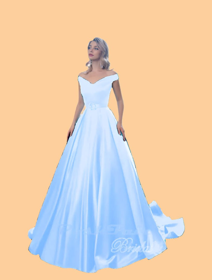 Satin prom dress in baby  blue with sparkly belt buckle,  Poshfair Bridal, Orleans, Ontario, prom evening dress