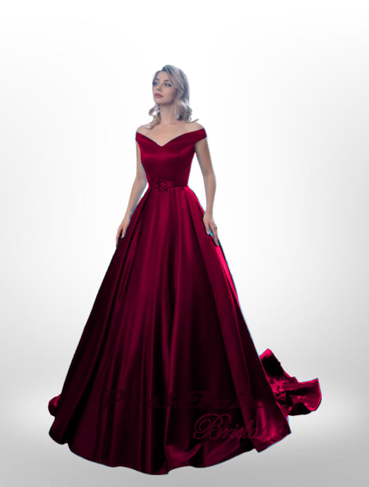 Satin prom dress in burgundy with sparkly belt buckle,  Poshfair Bridal, Orleans, Ontario