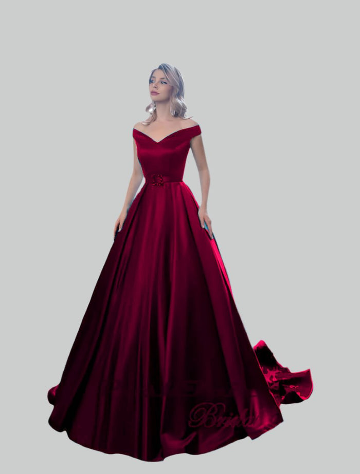 Satin prom dress in burgundy with sparkly belt buckle,  Poshfair Bridal, Orleans, Ontario