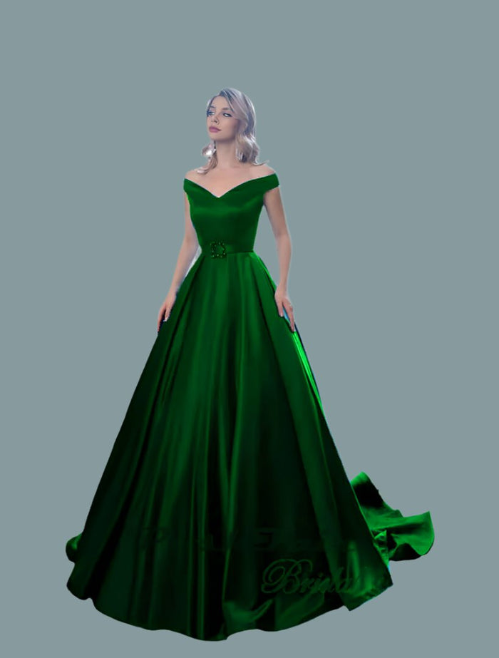 Satin prom dress in dark green with sparkly belt buckle,  Poshfair Bridal, Orleans, Ontario, prom evening dress