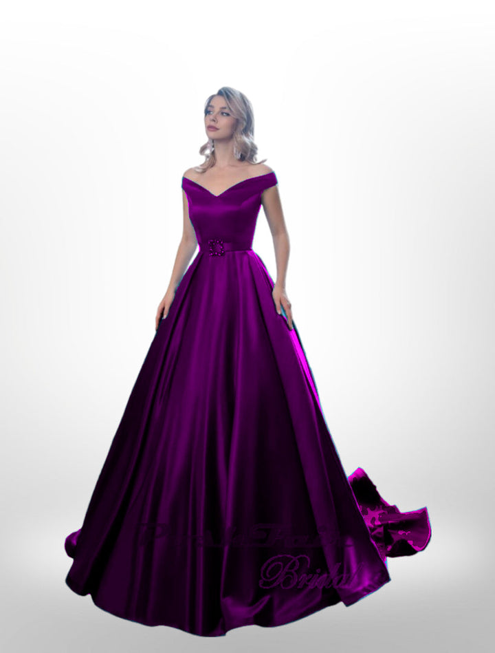 Satin prom dress in purple with sparkly belt buckle,  Poshfair Bridal, Orleans, Ontario