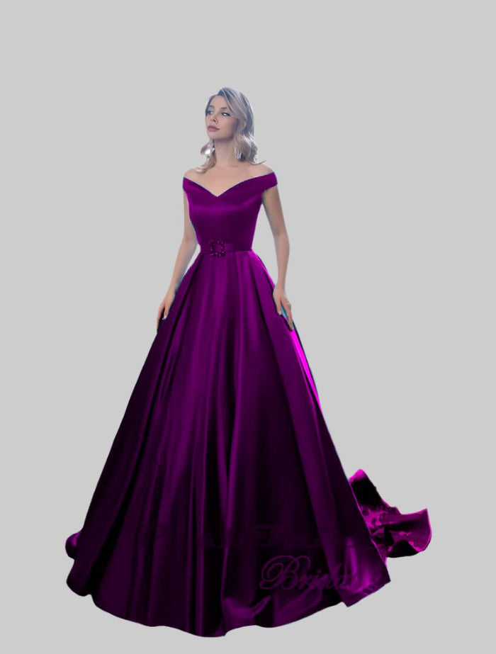 Satin prom dress in purple with sparkly belt buckle,  Poshfair Bridal, Orleans, Ontario, prom evening dress