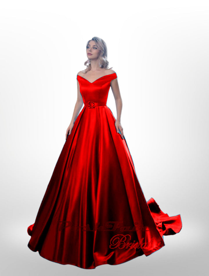Satin prom dress in red with sparkly belt buckle,  Poshfair Bridal, Orleans, Ontario