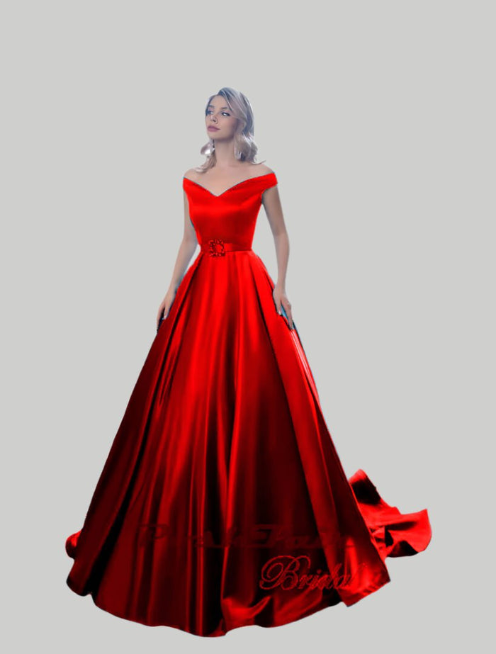 Satin prom dress in red with sparkly belt buckle,  Poshfair Bridal, Orleans, Ontario, prom evening dress