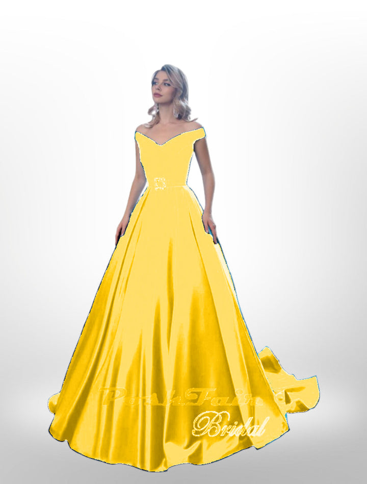 Satin prom dress in yellow with sparkly belt buckle,  Poshfair Bridal, Orleans, Ontario