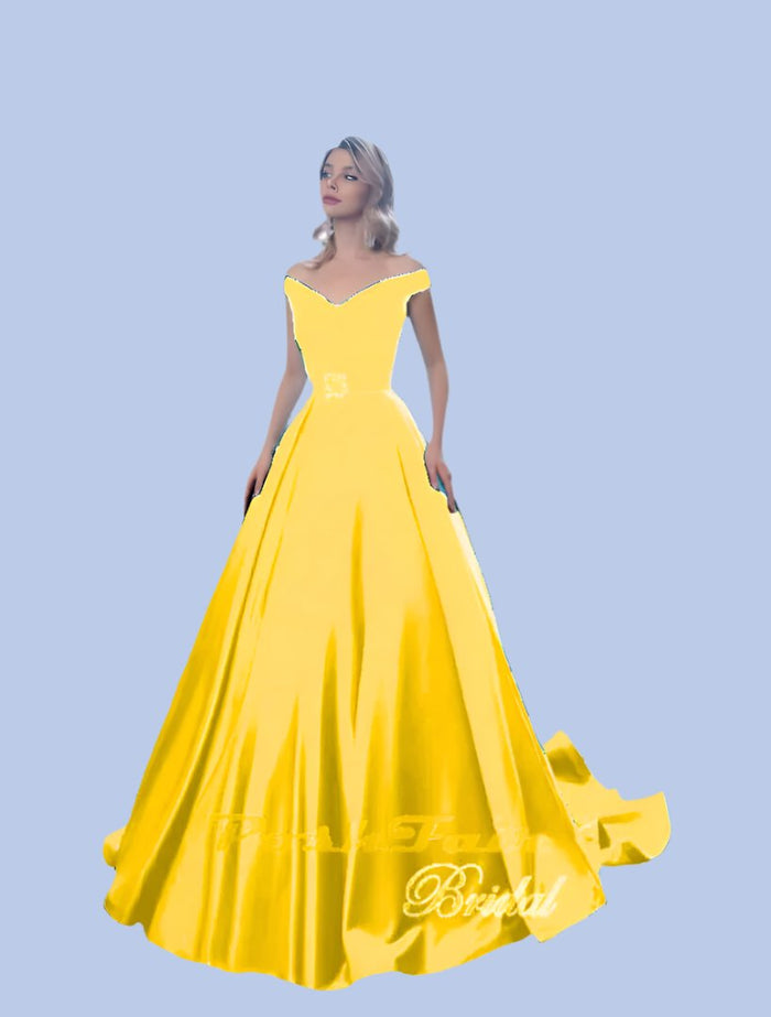 Satin prom dress in yellow with sparkly belt buckle,  Poshfair Bridal, Orleans, Ontario, prom evening dress
