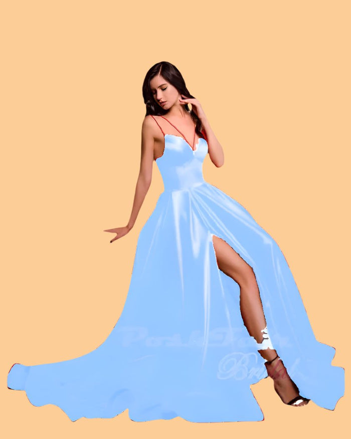 baby blue Aline satin prom dress with thin straps, slit, and pockets, prom evening dress