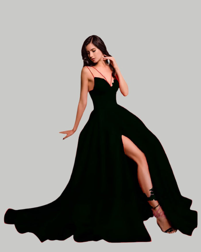 black Aline satin prom dress with thin straps, slit, and pockets, prom evening dress