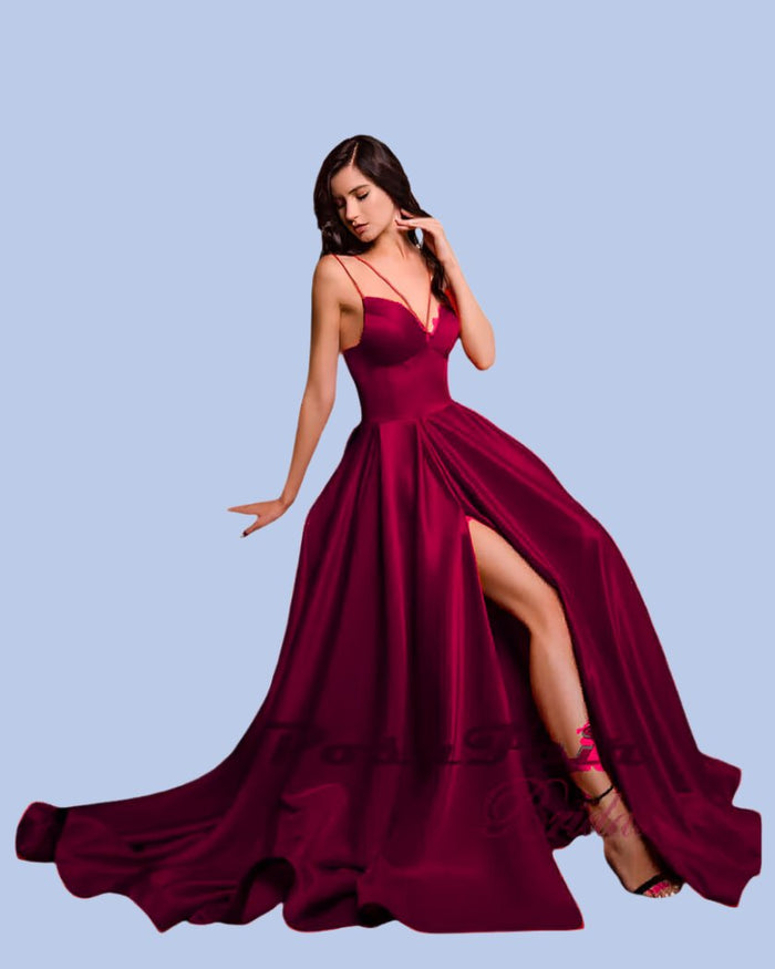 burgundy Aline satin prom dress with thin straps, slit, and pockets, prom evening dress