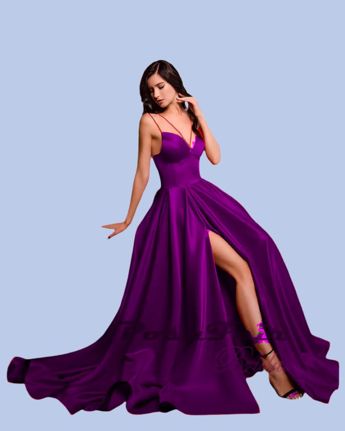 purple Aline satin prom evening dress with thin straps, slit, and pockets.