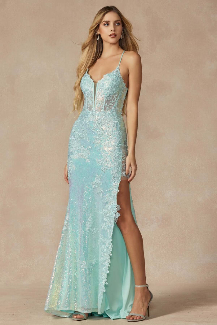 2405 fitted lace sequin prom dress featuring deep V neckline and dramatic slit in a stunning blue color.