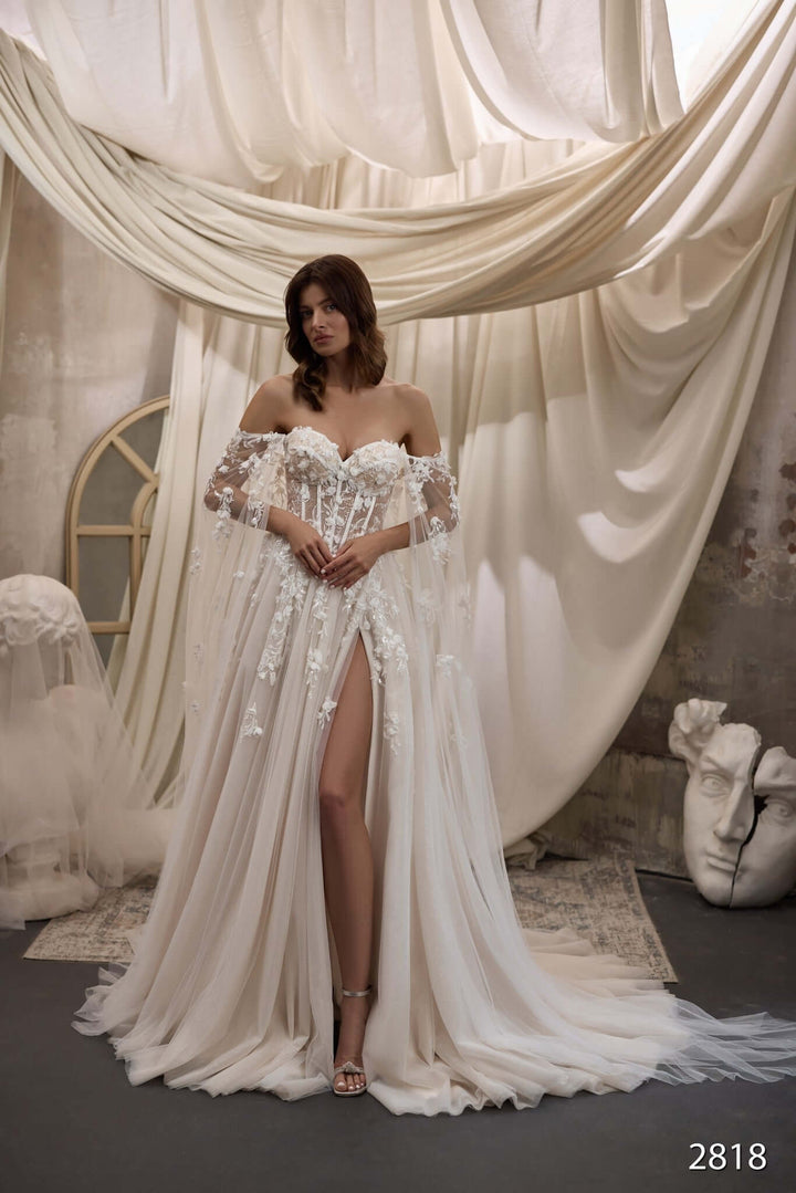 Jenny - Aline Wedding Dress with Flowy Tulle Wings Poshfair Jenny - Aline Wedding Dress with Flowy Tulle Wings Poshfair