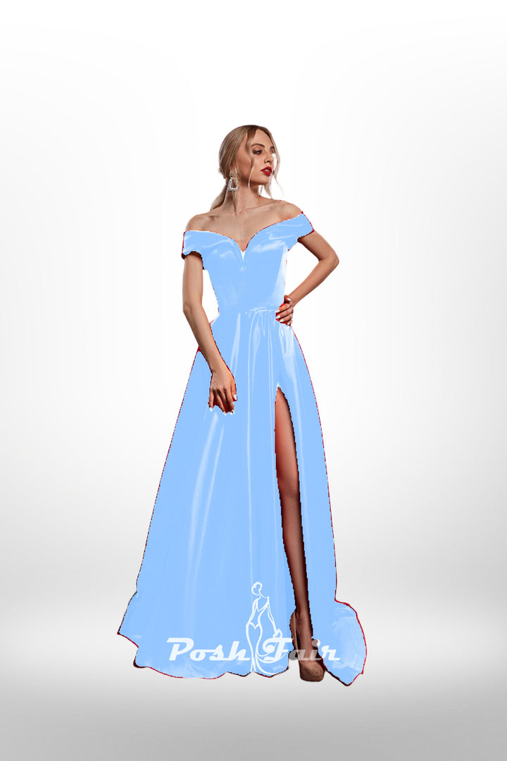 baby blue Aline prom dress made with off the shoulder neckline and built in corset