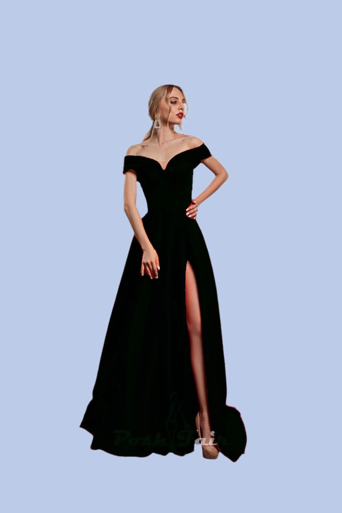 black Aline prom dress made with off the shoulder neckline and built in corset