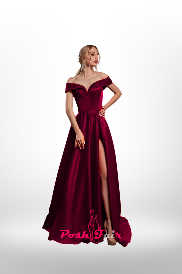 burgundy Aline prom dress made with off the shoulder neckline and built in corset