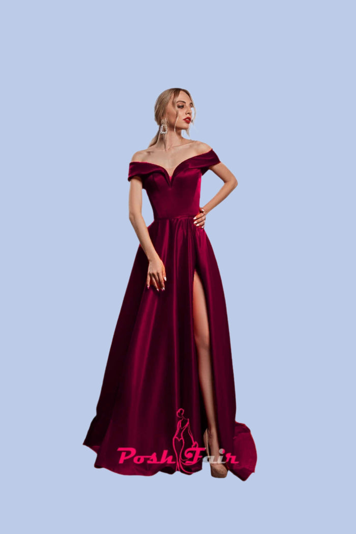 burgundy Aline prom dress made with off the shoulder neckline and built in corset, prom evening dress