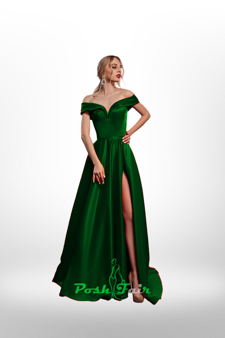 dark green Aline prom dress made with off the shoulder neckline and built in corset