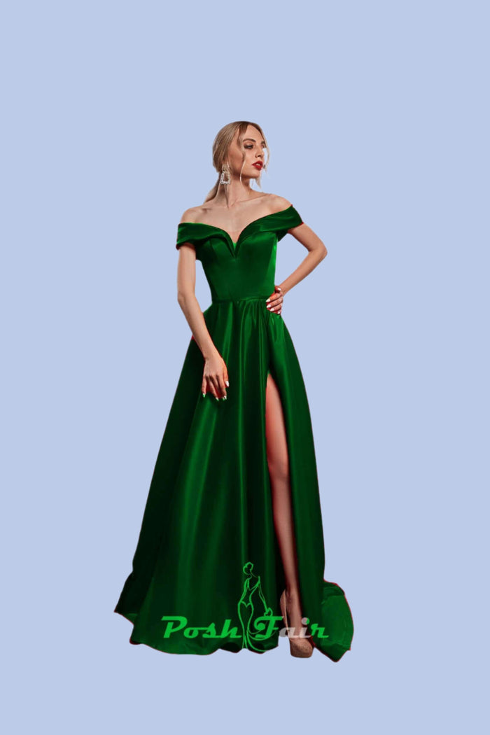 dark green Aline prom dress made with off the shoulder neckline and built in corset, prom evening dress