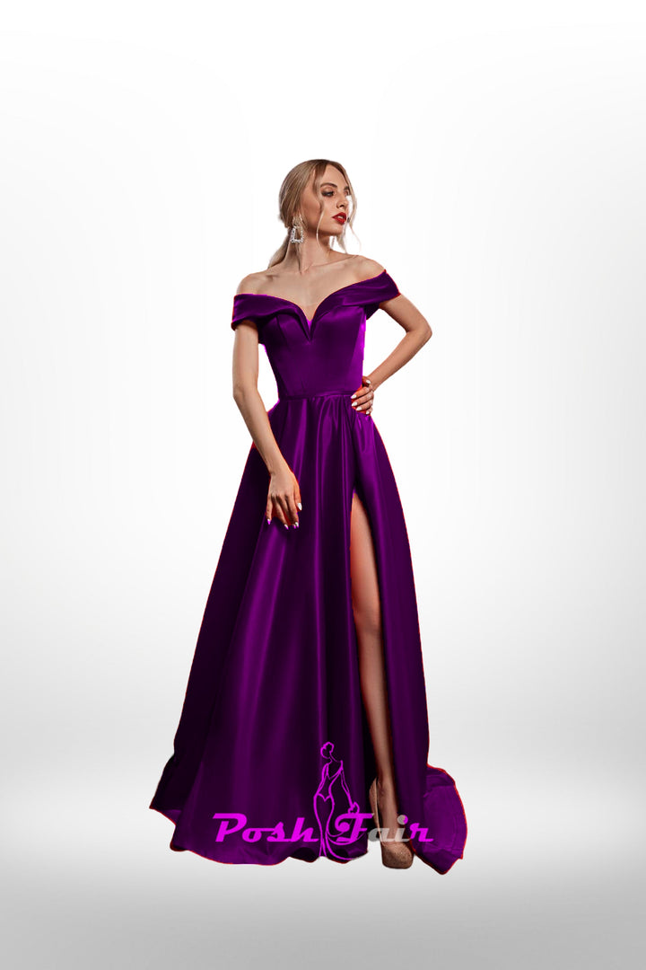 purple Aline prom dress made with off the shoulder neckline and built in corset