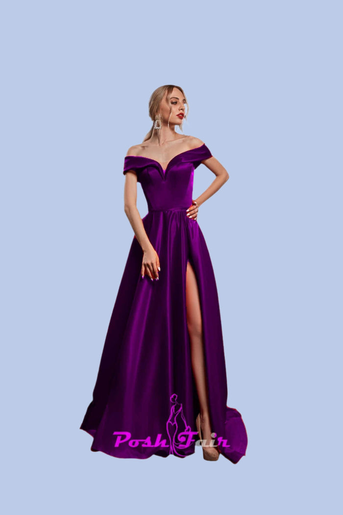 purple Aline prom dress made with off the shoulder neckline and built in corset, prom evening dress