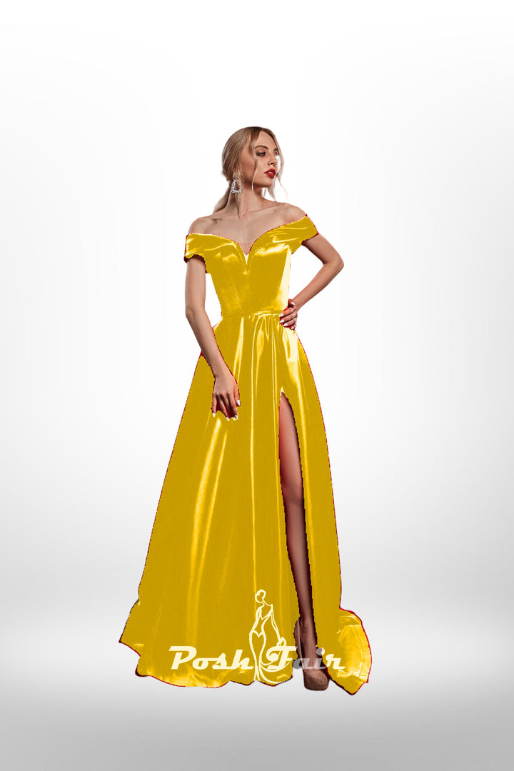 yellow Aline prom dress made with off the shoulder neckline and built in corset
