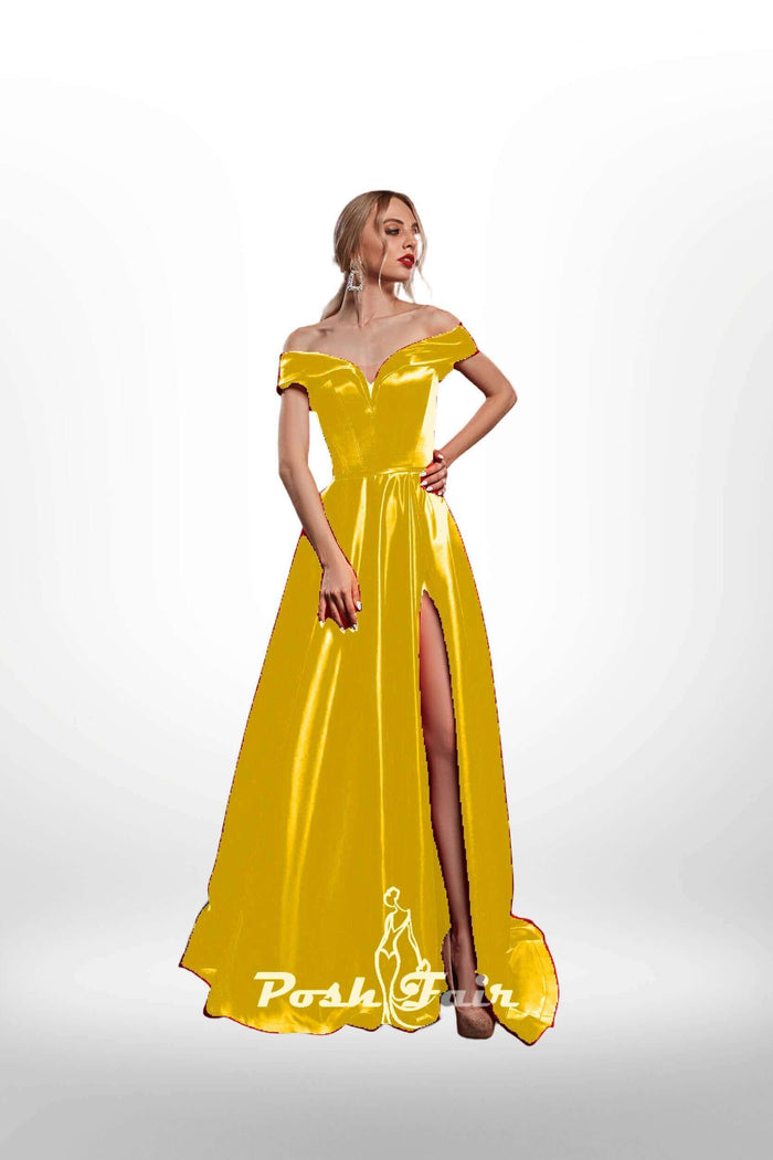 yellow Aline prom dress made with off the shoulder neckline and built in corset, prom evening dress