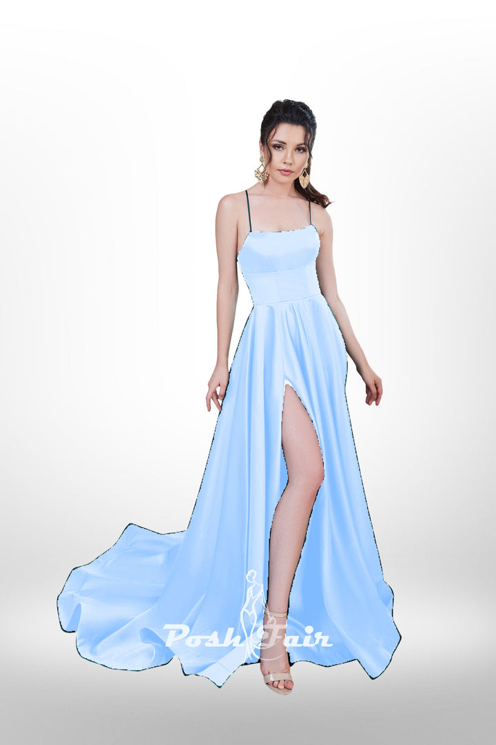 baby blue  Aline prom dress with made with V or straight neckline, open back and lace-up straps
