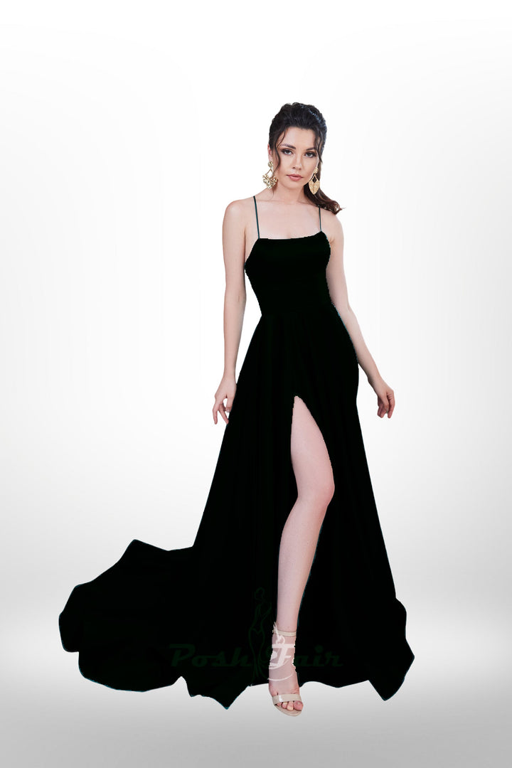 black  Aline prom dress with made with V or straight neckline, open back and lace-up straps