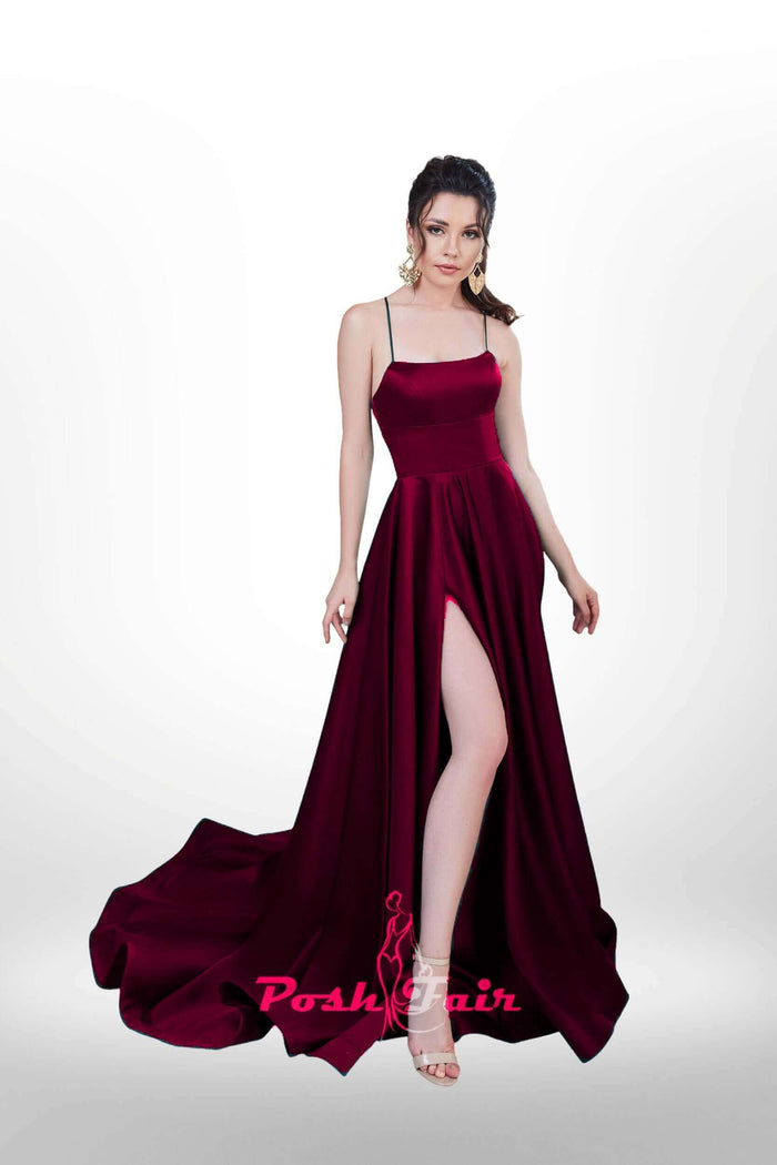 burgundy  Aline prom dress with made with V or straight neckline, open back and lace-up straps, prom evening dress